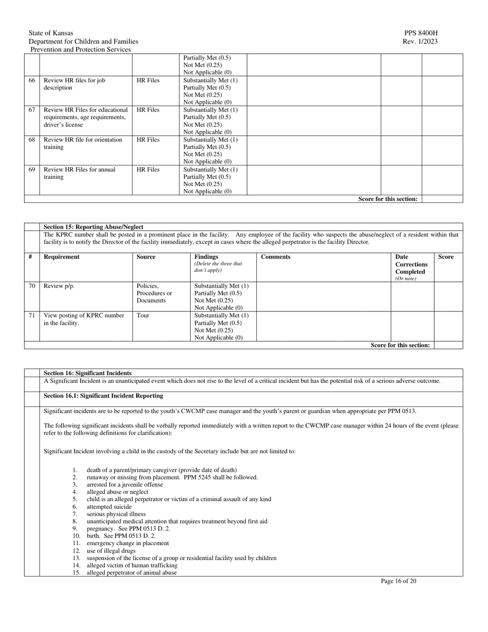Form PPS8400H Quality Residential Treatment Program (Qrtp) Site Visit Tool - Kansas, Page 16