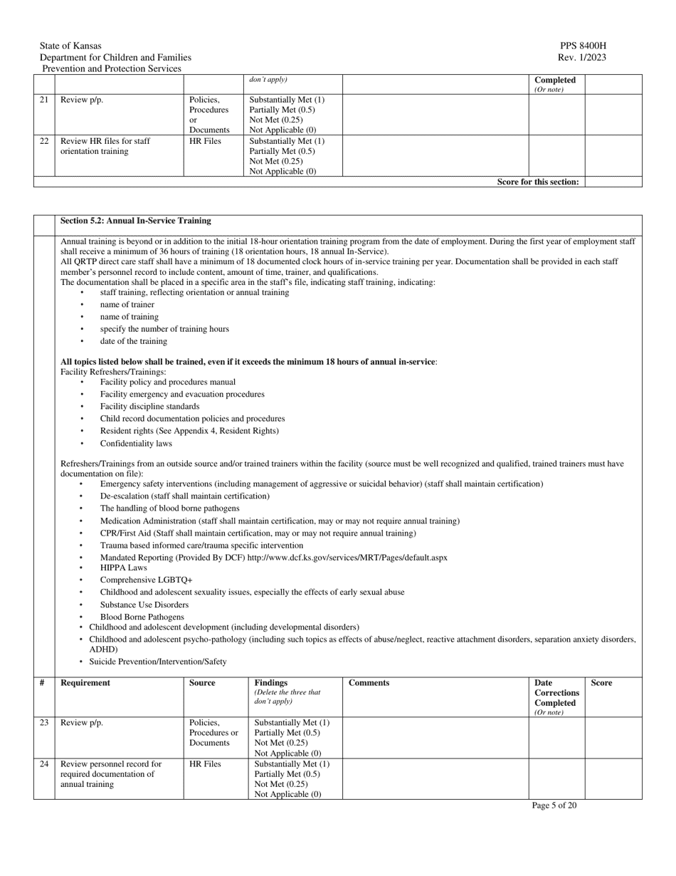 Form PPS8400H Quality Residential Treatment Program (Qrtp) Site Visit Tool - Kansas, Page 5