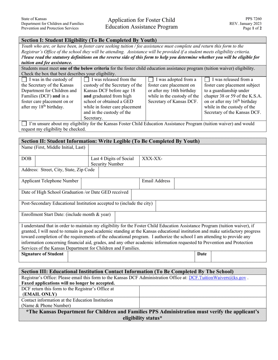 Form PPS7260 Application for Foster Child Education Assistance Program - Kansas, Page 1