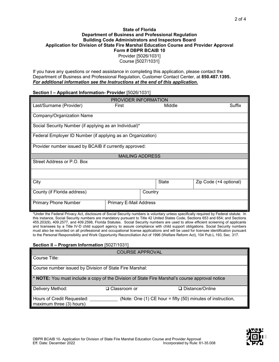 Form DBPR BCAIB10 Application for Division of State Fire Marshal Education Course and Provider Approval - Florida, Page 2
