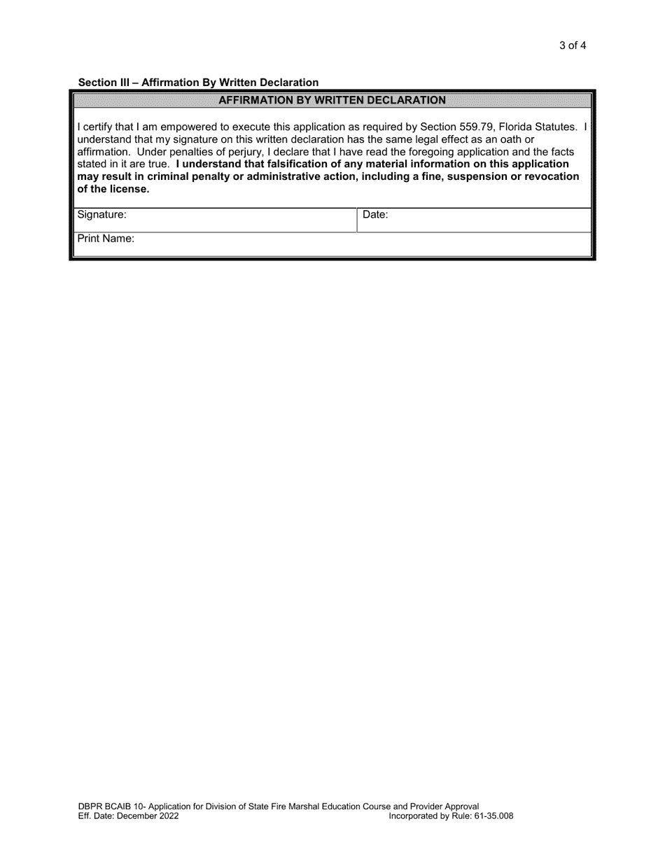 Form DBPR BCAIB10 Application for Division of State Fire Marshal Education Course and Provider Approval - Florida, Page 3