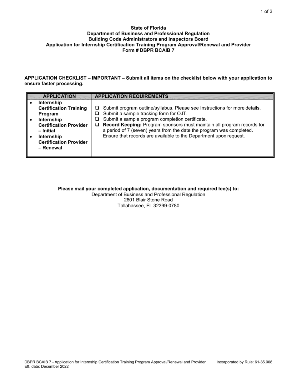 Form DBPR BCAIB7 Application for Internship Certification Training Program Approval / Renewal and Provider - Florida, Page 1