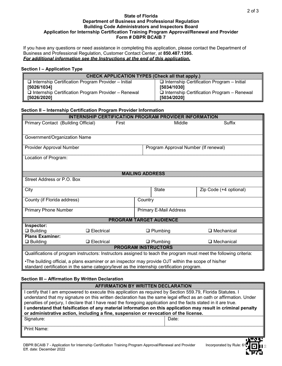 Form DBPR BCAIB7 Application for Internship Certification Training Program Approval / Renewal and Provider - Florida, Page 2
