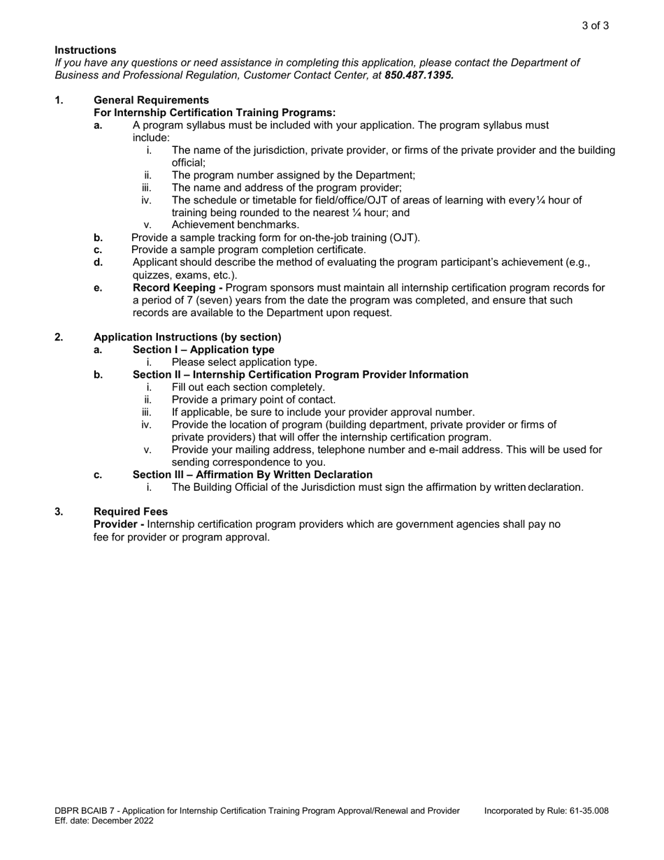Form DBPR BCAIB7 Application for Internship Certification Training Program Approval / Renewal and Provider - Florida, Page 3