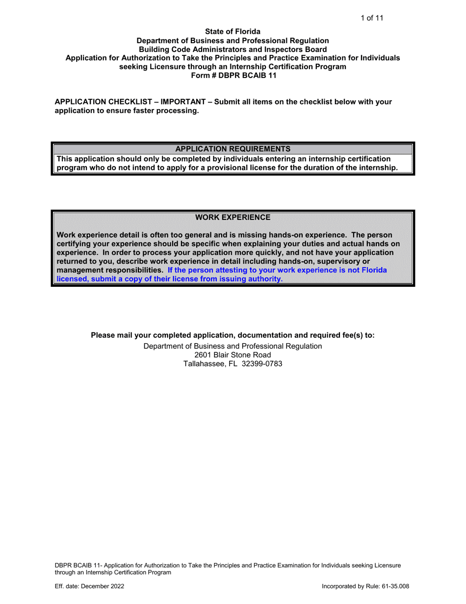 Form DBPR BCAIB11 Application for Authorization to Take the Principles and Practice Examination for Individuals Seeking Licensure Through an Internship Certification Program - Florida, Page 1