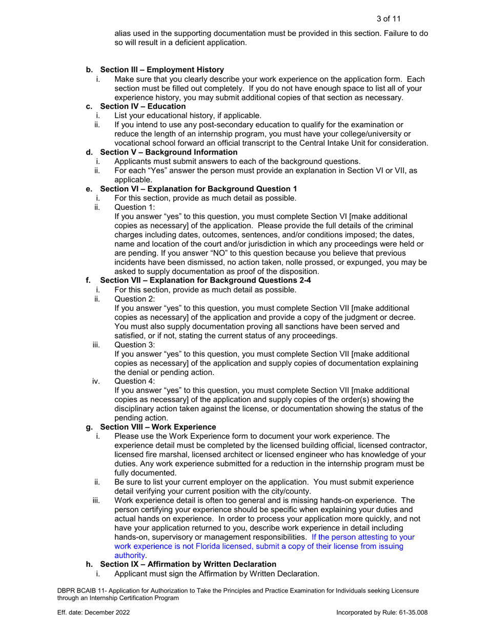 Form DBPR BCAIB11 Application for Authorization to Take the Principles and Practice Examination for Individuals Seeking Licensure Through an Internship Certification Program - Florida, Page 3