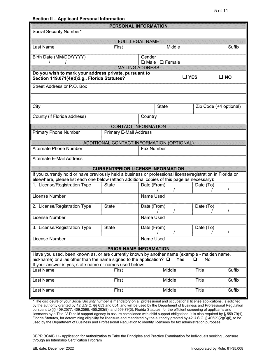 Form DBPR BCAIB11 Application for Authorization to Take the Principles and Practice Examination for Individuals Seeking Licensure Through an Internship Certification Program - Florida, Page 5