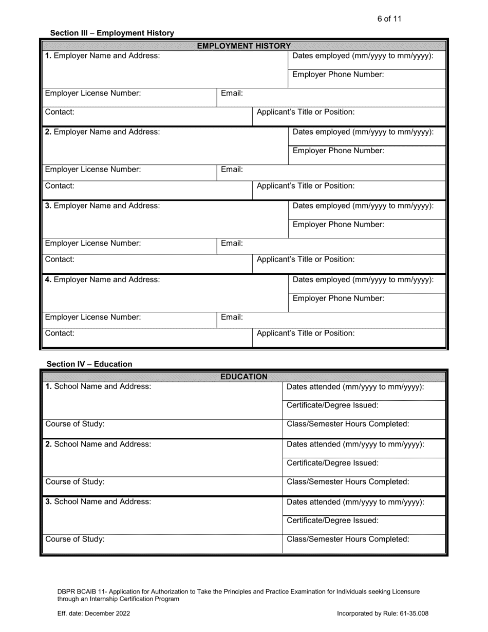 Form DBPR BCAIB11 Application for Authorization to Take the Principles and Practice Examination for Individuals Seeking Licensure Through an Internship Certification Program - Florida, Page 6