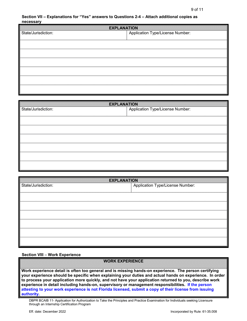 Form DBPR BCAIB11 Application for Authorization to Take the Principles and Practice Examination for Individuals Seeking Licensure Through an Internship Certification Program - Florida, Page 9