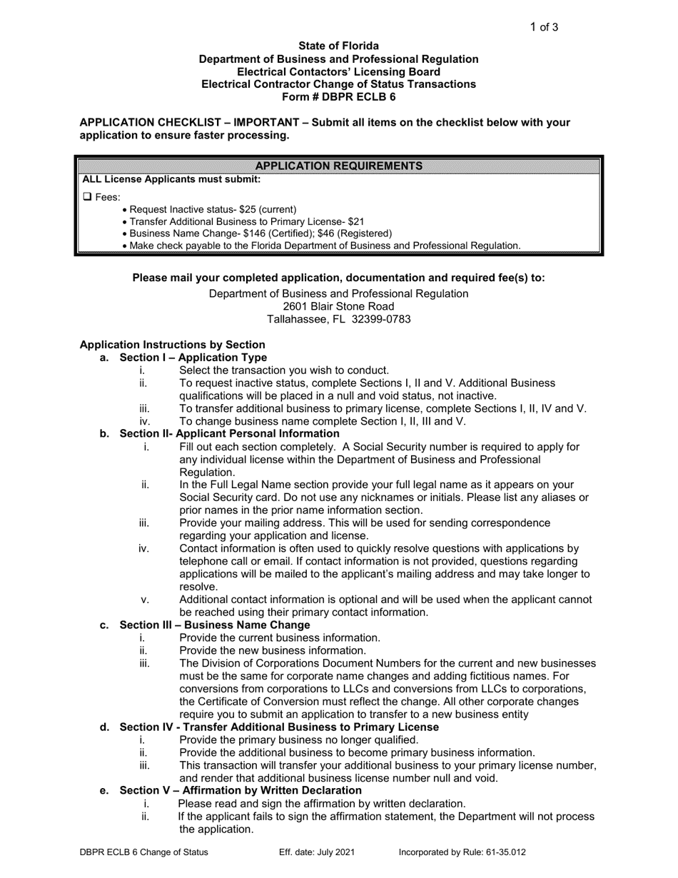 Form DBPR ECLB6 Electrical Contractor Change of Status Transactions - Florida, Page 1