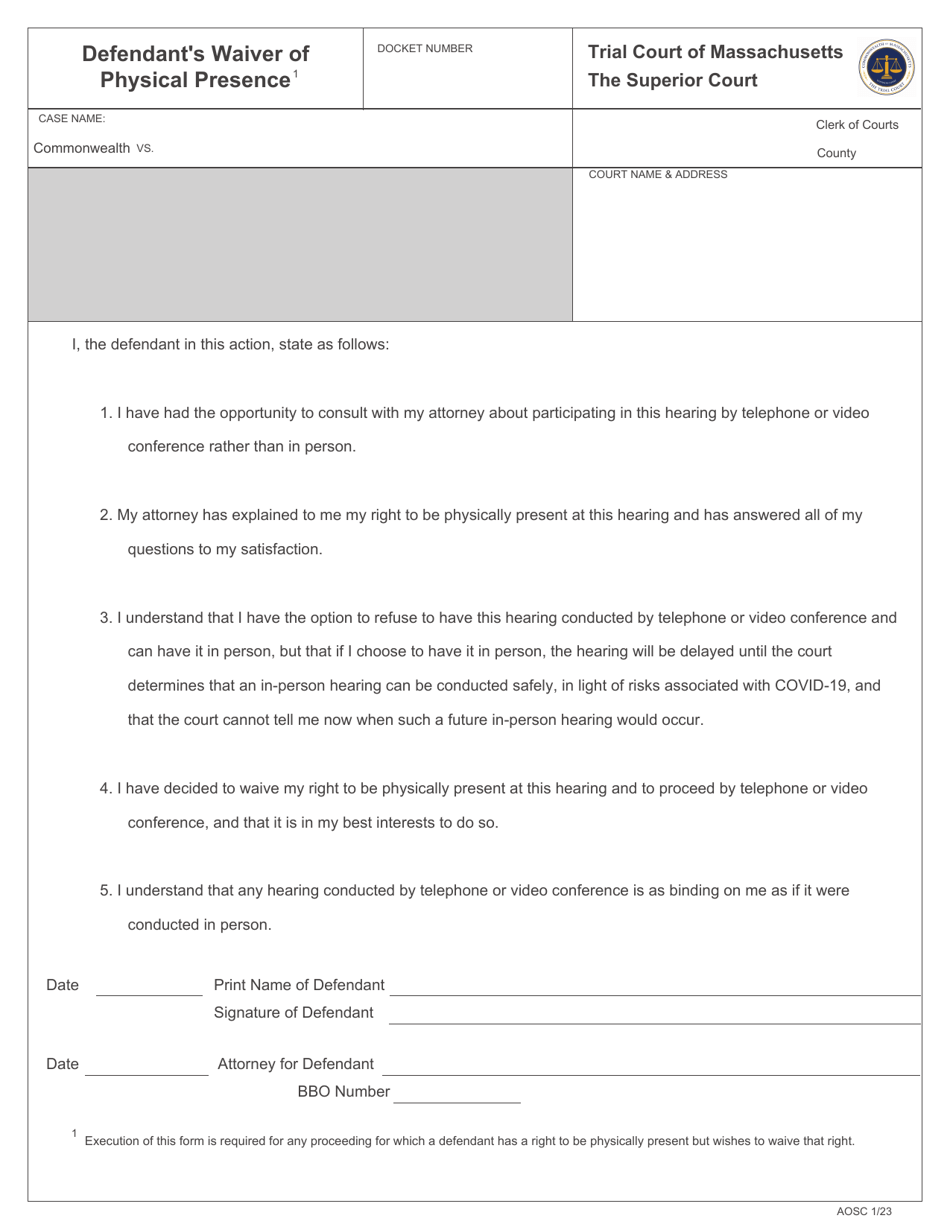 Defendants Waiver of Physical Presence - Massachusetts, Page 1