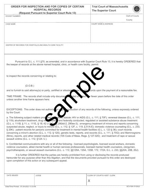 Form SCV106 Order for Inspection and for Copies of Certain Hospital Records (Request Pursuant to Superior Court Rule 13) - Sample - Massachusetts