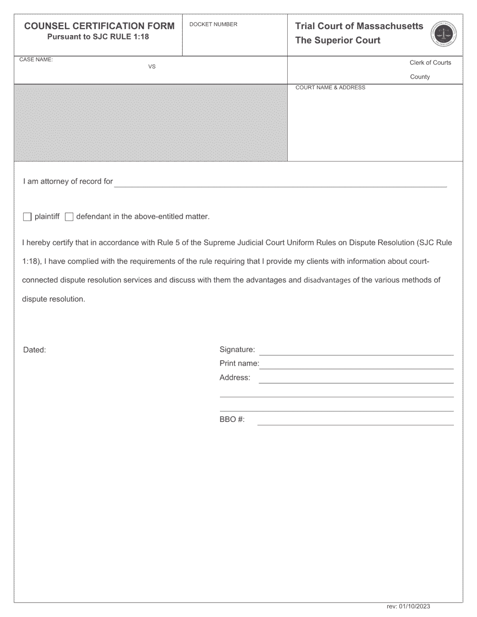 Counsel Certification Form - Massachusetts, Page 1