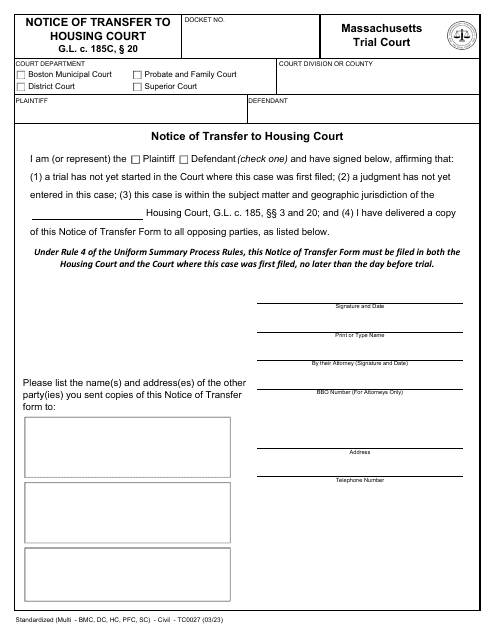 Form TC0027 Notice of Transfer to Housing Court - Massachusetts