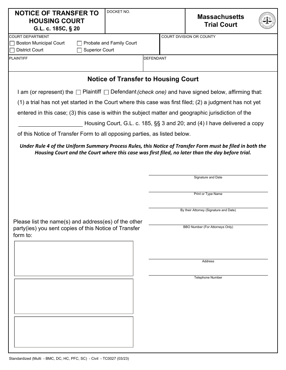Form TC0027 Notice of Transfer to Housing Court - Massachusetts, Page 1