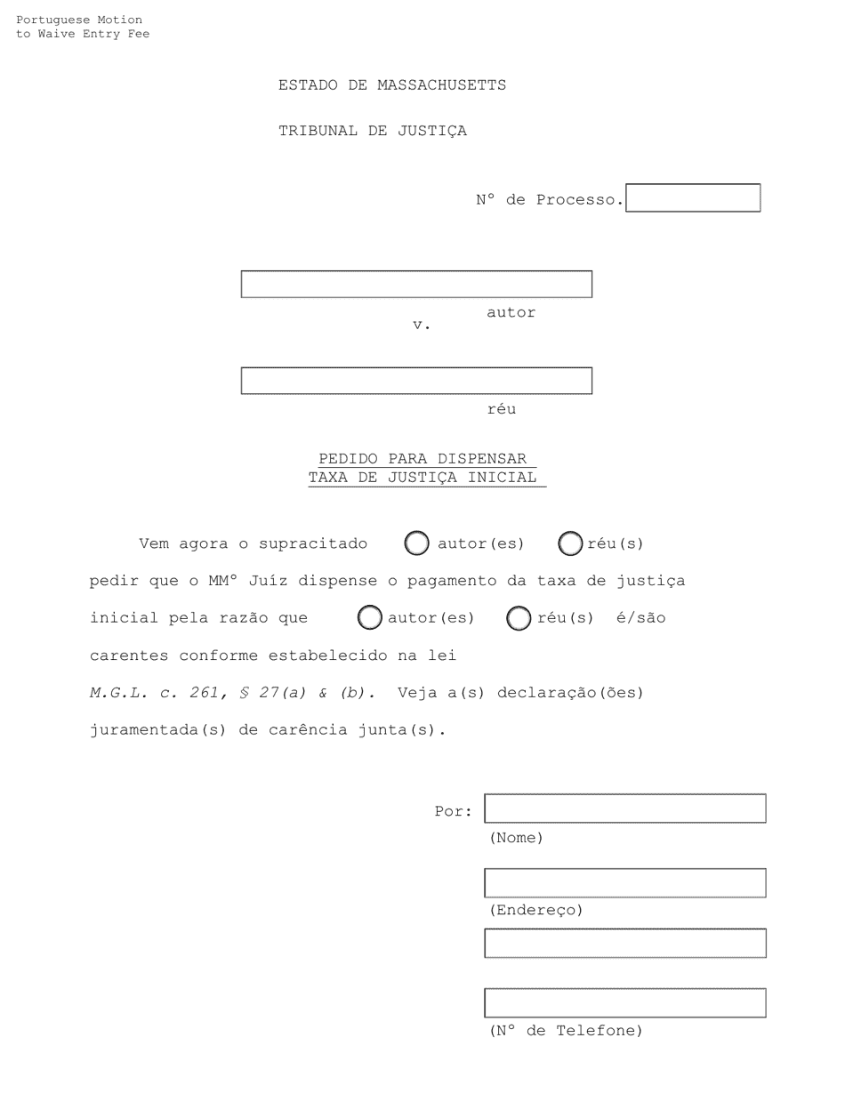 Massachusetts Motion to Waive Entry Fee (Portuguese) Fill Out, Sign