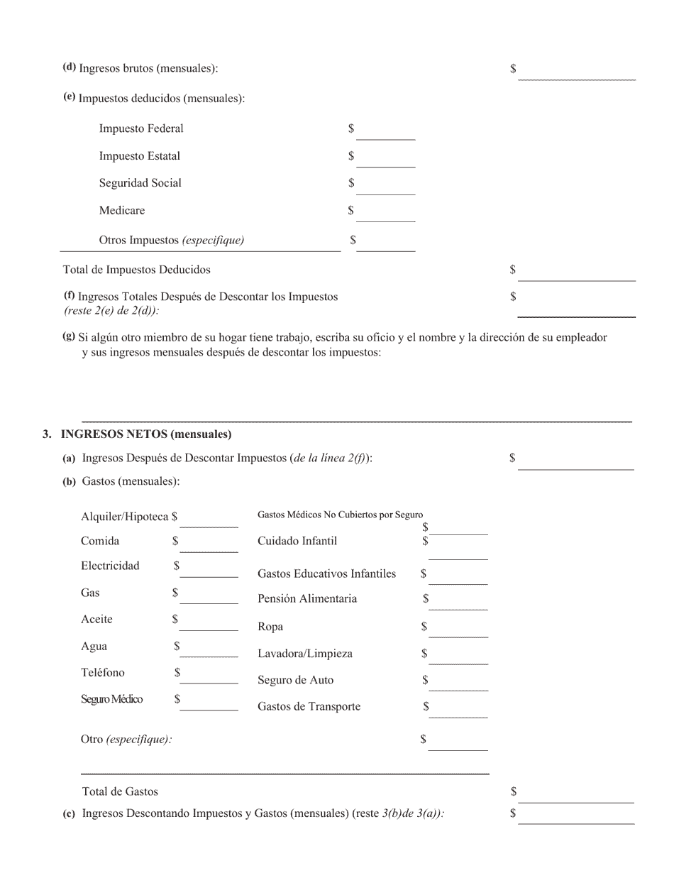 Suplemento De La Declaracion De Indigencia - Massachusetts (Spanish), Page 2