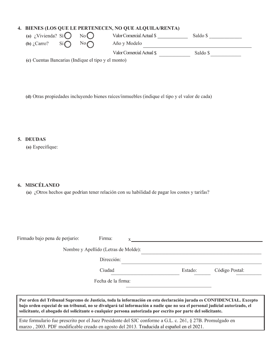 Suplemento De La Declaracion De Indigencia - Massachusetts (Spanish), Page 3
