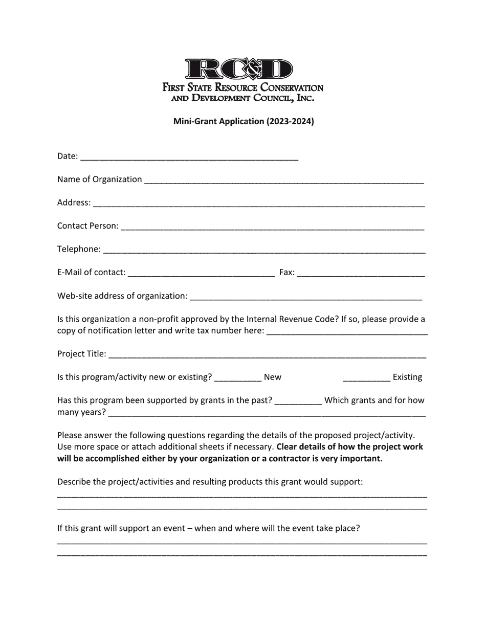 RCd Mini-Grant Application Form - Delaware, Page 1
