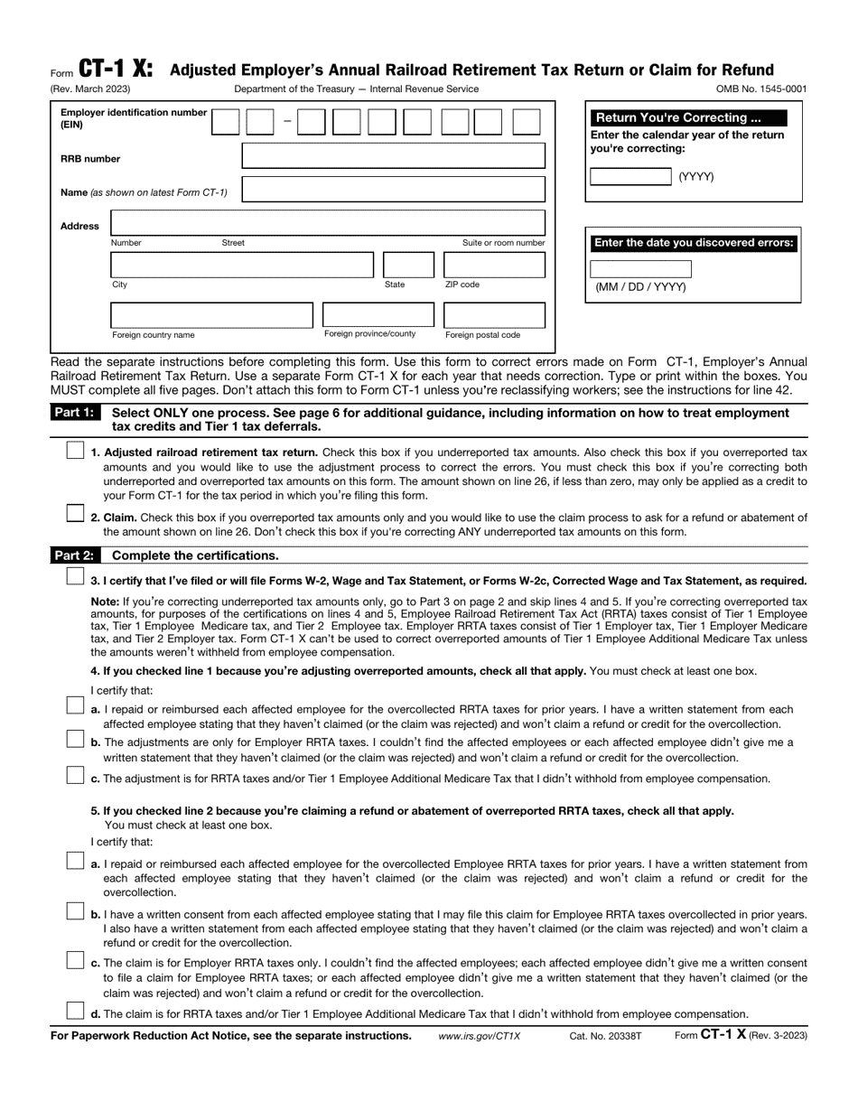 IRS Form CT-1 X Adjusted Employers Annual Railroad Retirement Tax Return or Claim for Refund, Page 1