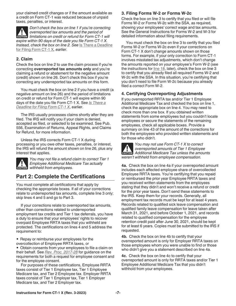 Instructions for IRS Form CT-1 X Adjusted Employers Annual Railroad Retirement Tax Return or Claim for Refund, Page 7