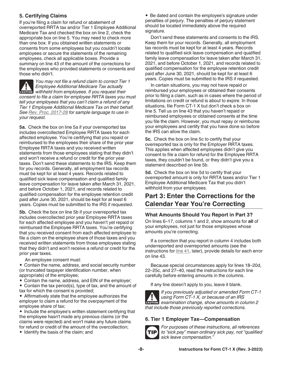 Instructions for IRS Form CT-1 X Adjusted Employers Annual Railroad Retirement Tax Return or Claim for Refund, Page 8