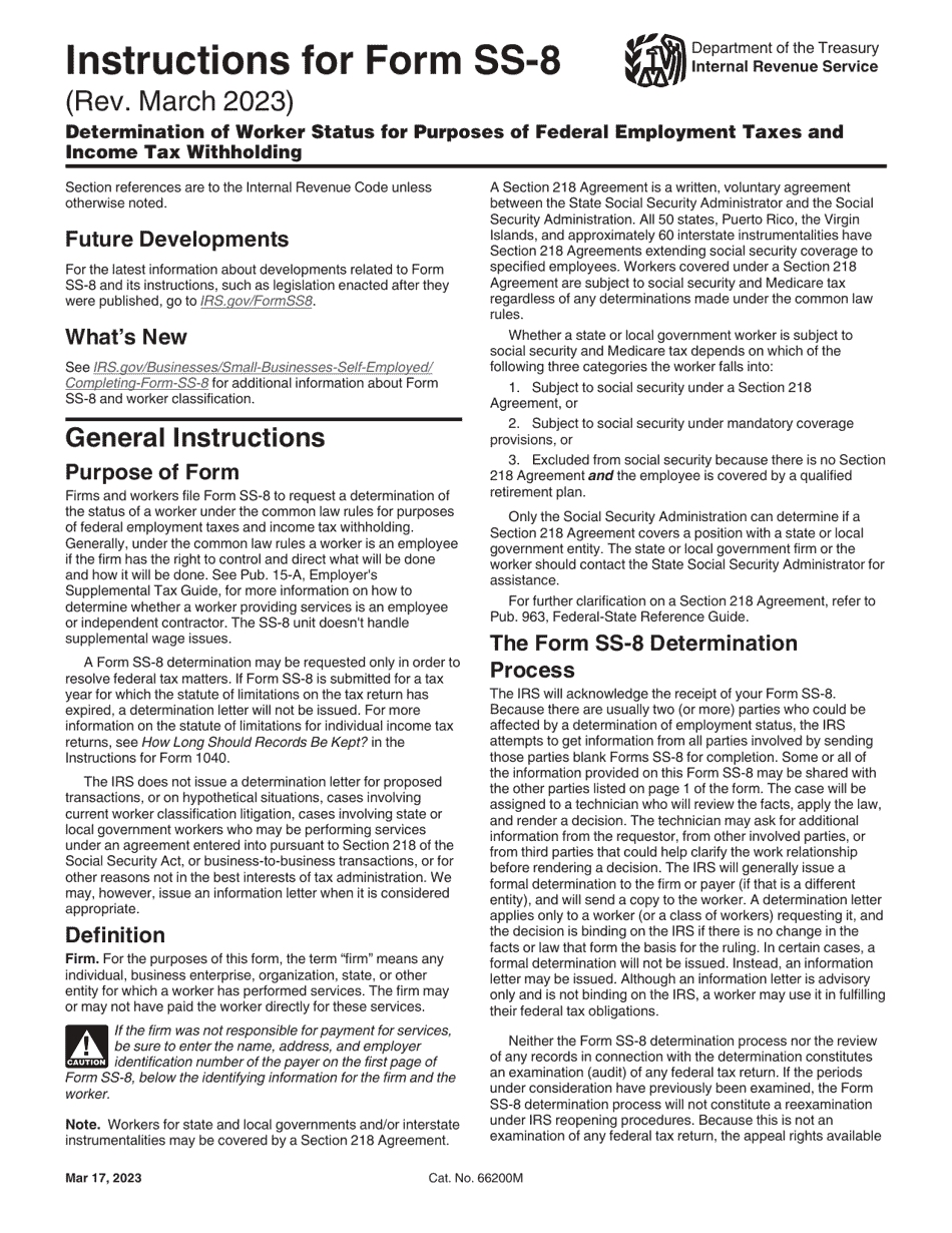 Instructions for IRS Form SS-8 Determination of Worker Status for Purposes of Federal Employment Taxes and Income Tax Withholding, Page 1