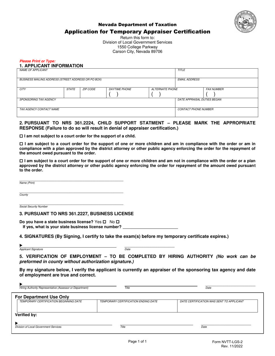 Form NVTT-LGS-2 Application for Temporary Appraiser Certification - Nevada, Page 1
