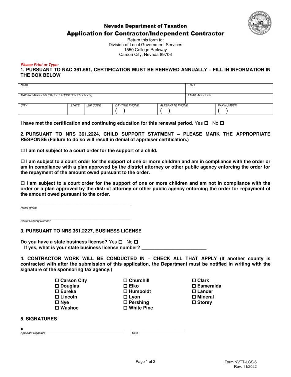 Form NVTT-LGS-6 Application for Contractor / Independent Contractor - Nevada, Page 1