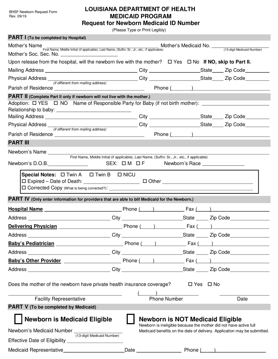 Request for Newborn Medicaid Id Number - Medicaid Program - Louisiana, Page 1