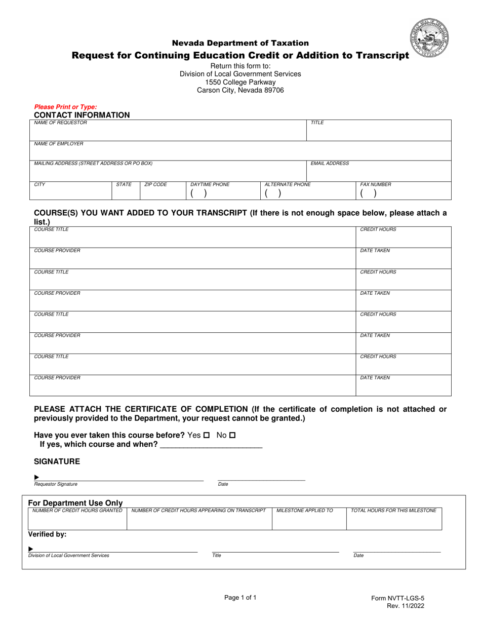 Form NVTT-LGS-5 Request for Continuing Education Credit or Addition to Transcript - Nevada, Page 1