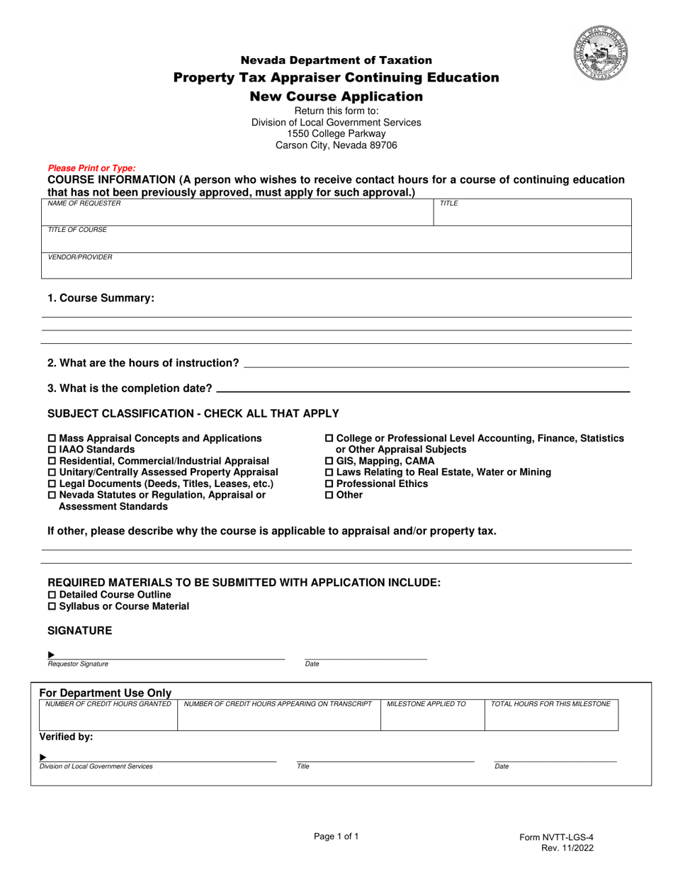 Form NVTT-LGS-4 Property Tax Appraiser Continuing Education New Course Application - Nevada, Page 1