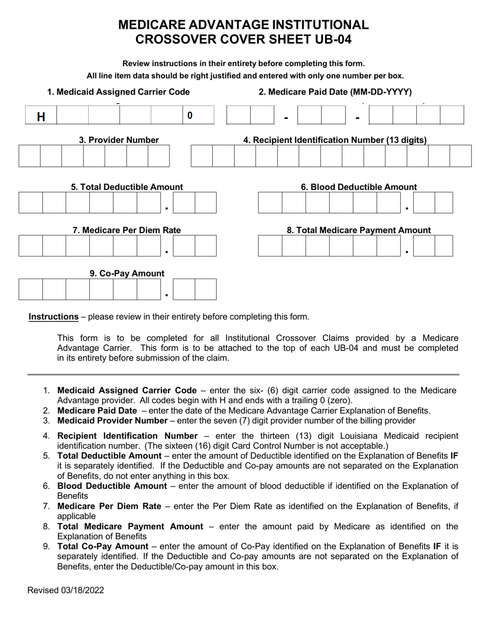 Form UB-04 Medicare Advantage Institutional Crossover Cover Sheet - Louisiana, Page 1