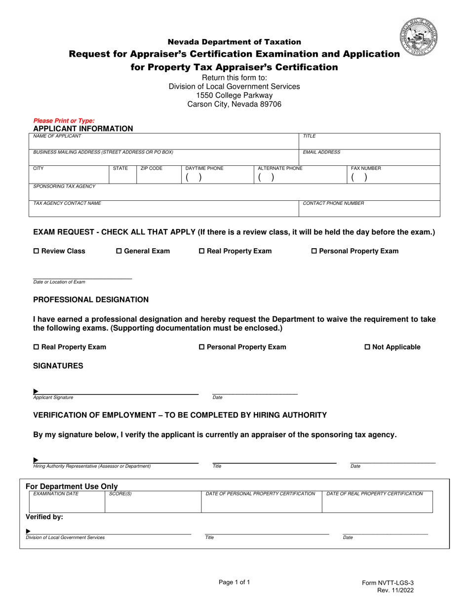 Form NVTT-LGS-3 Request for Appraisers Certification Examination and Application for Property Tax Appraisers Certification - Nevada, Page 1