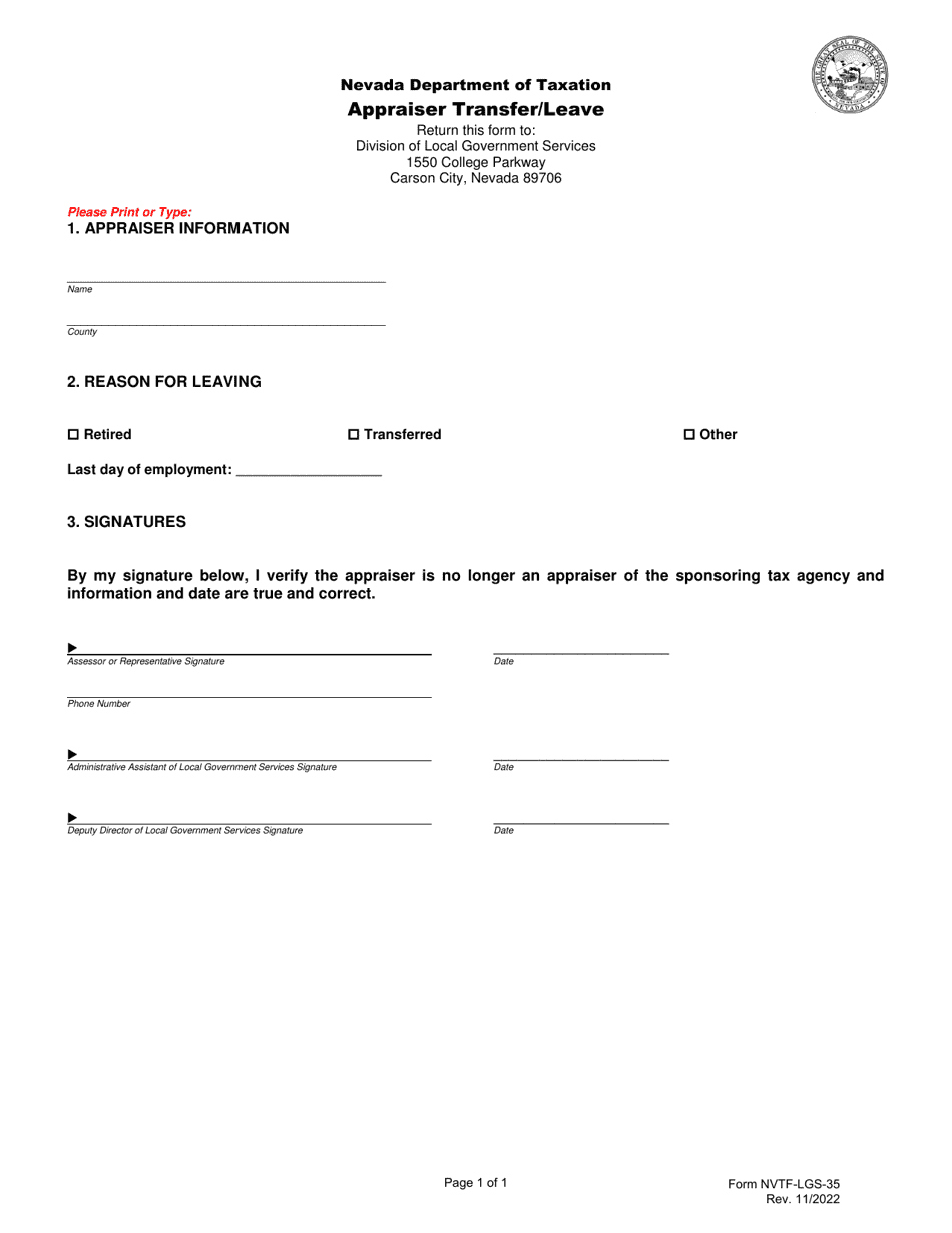Form NVTF-LGS-35 Appraiser Transfer / Leave - Nevada, Page 1