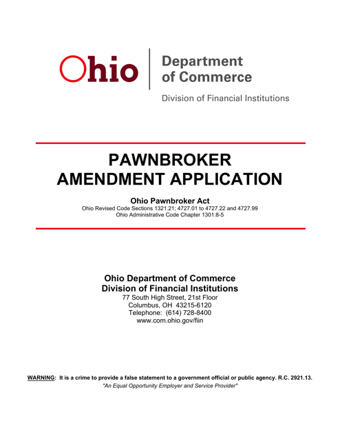 Pawnbroker Amendment Application - Ohio Download Pdf