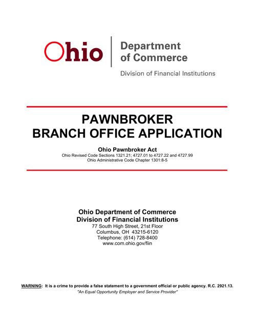 Pawnbroker Branch Office Application - Ohio Download Pdf