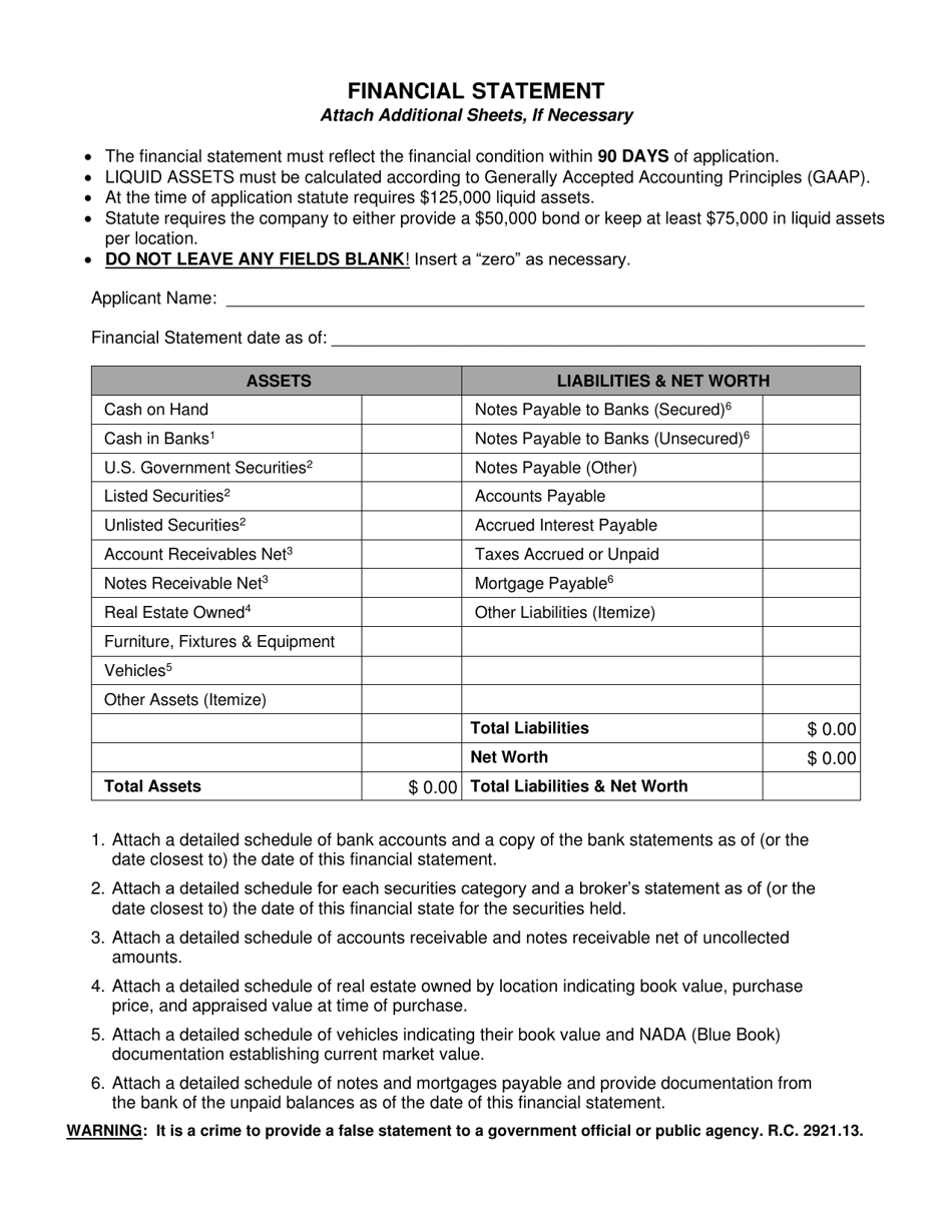 Pawnbroker Financial Statement - Ohio, Page 1