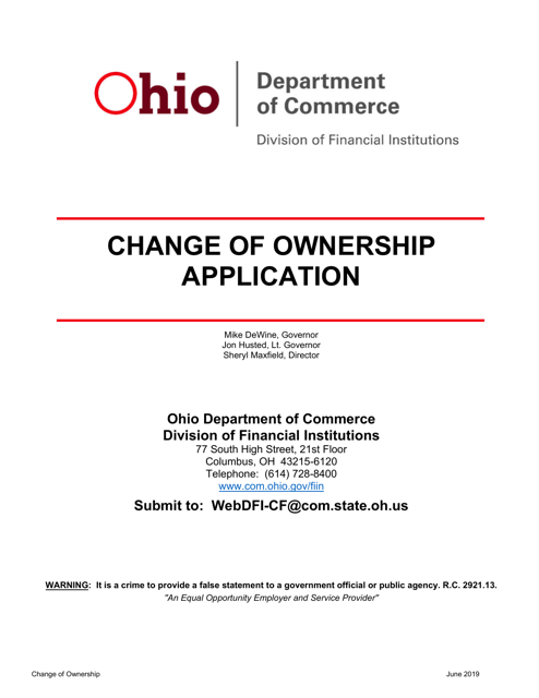 Pawnbroker Change of Ownership Application - Ohio Download Pdf