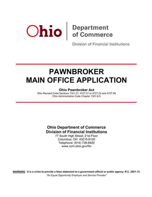 Pawnbroker Main Office Application - Ohio Download Pdf