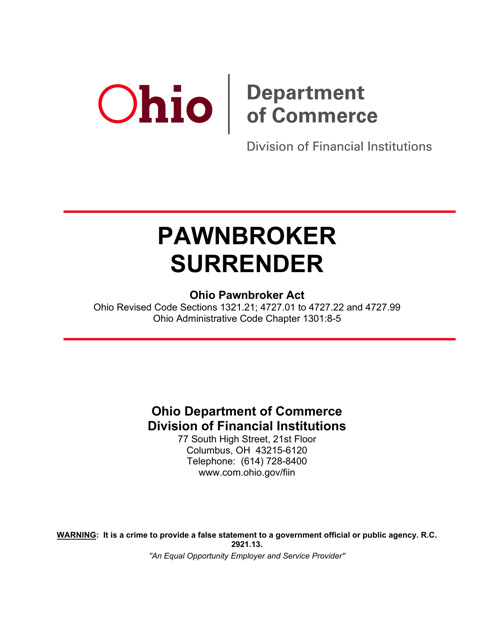 Pawnbroker Surrender Application - Ohio Download Pdf
