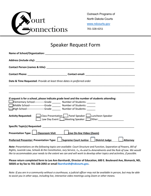 Speaker Request Form - North Dakota Download Pdf