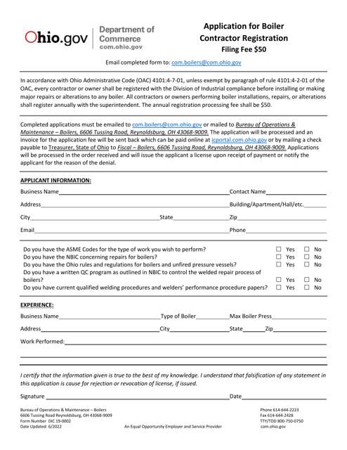 Form DIC19-0002 Application for Boiler Contractor Registration - Ohio