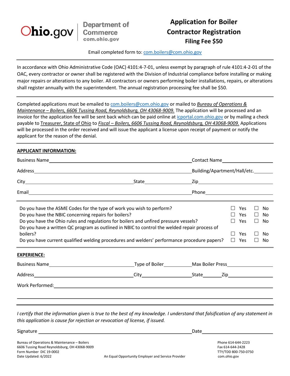 Form DIC19-0002 Application for Boiler Contractor Registration - Ohio, Page 1