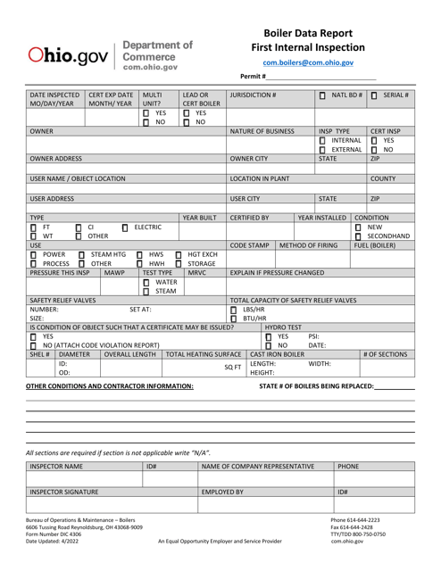 Form DIC4306 Boiler Data Report - First Internal Inspection - Ohio