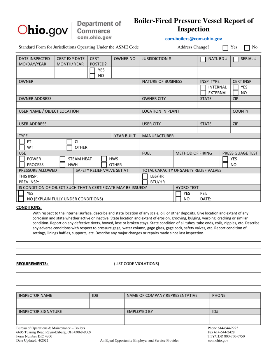 Form DIC4300 Boiler-Fired Pressure Vessel Report of Inspection - Ohio, Page 1