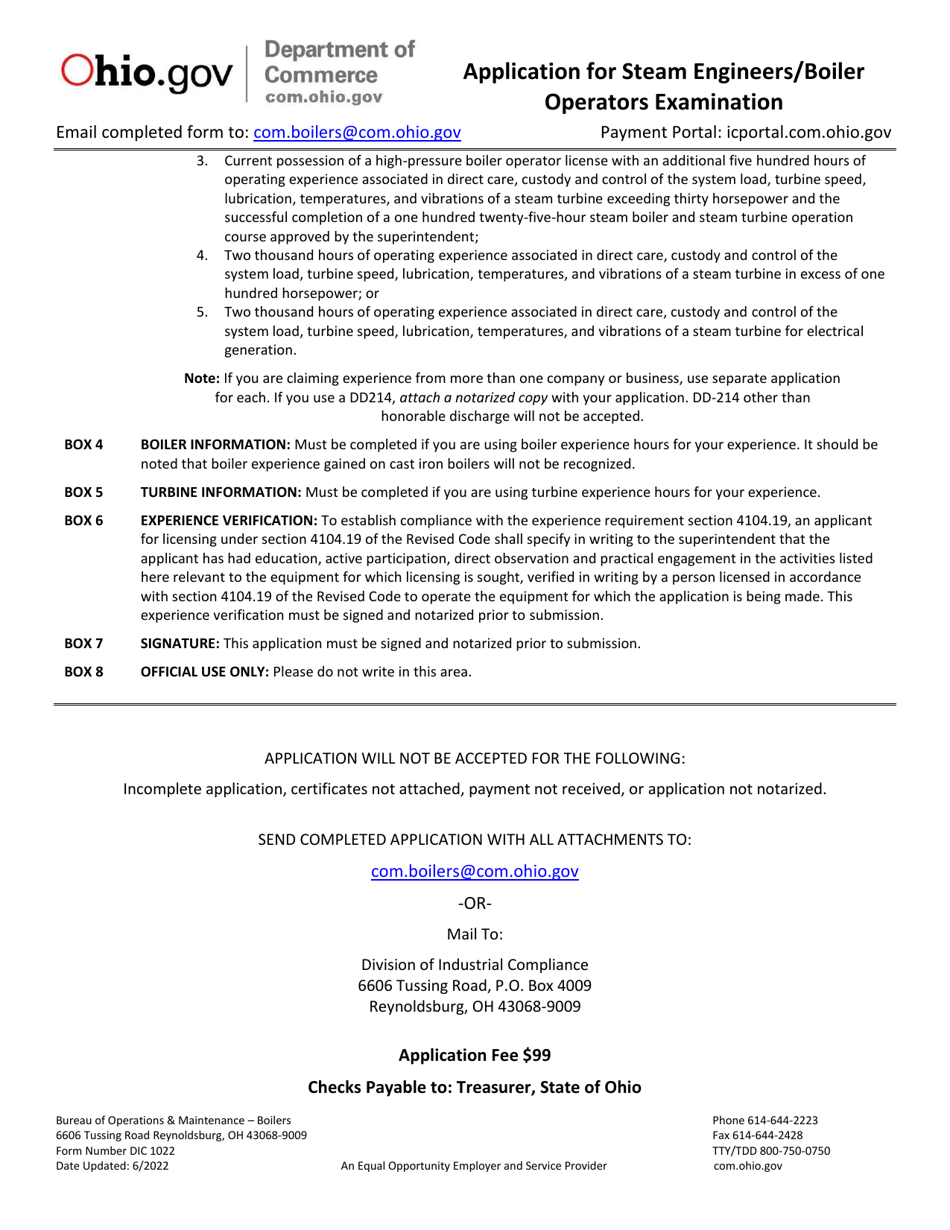 Form DIC1022 Application for Steam Engineers / Boiler Operators Examination - Ohio, Page 2