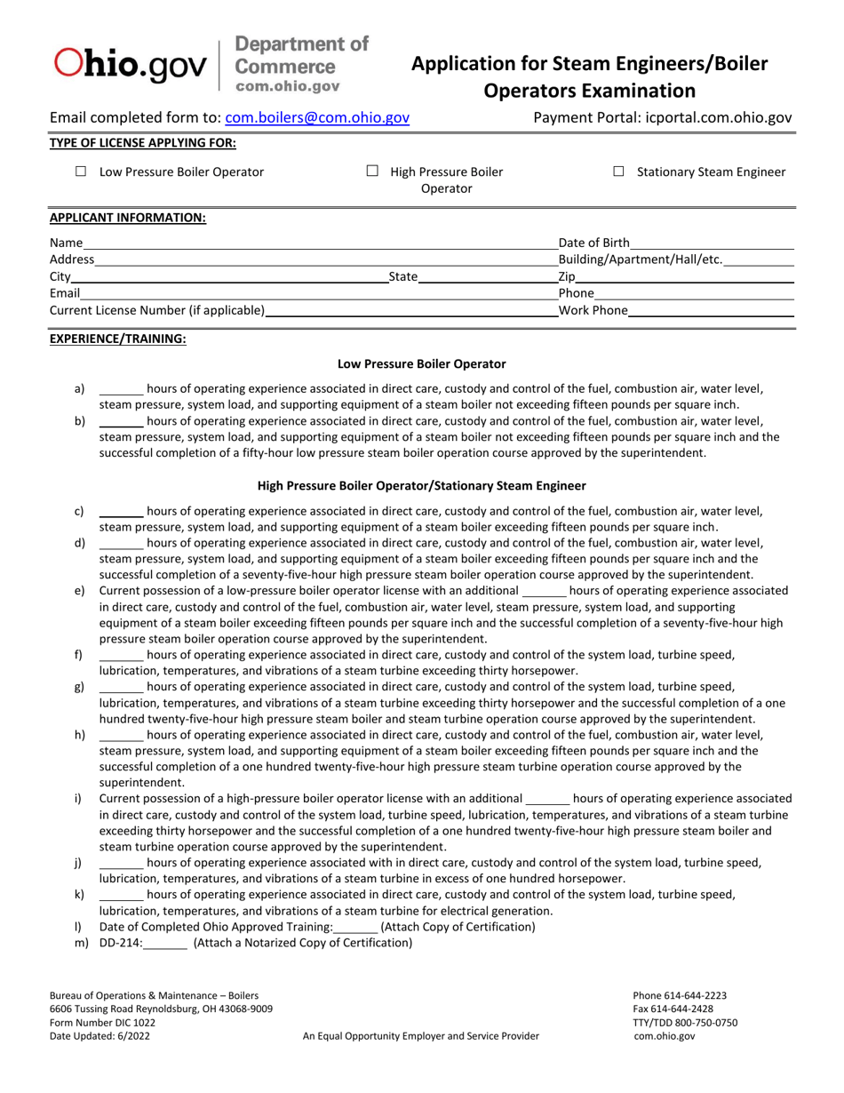Form DIC1022 Application for Steam Engineers / Boiler Operators Examination - Ohio, Page 3