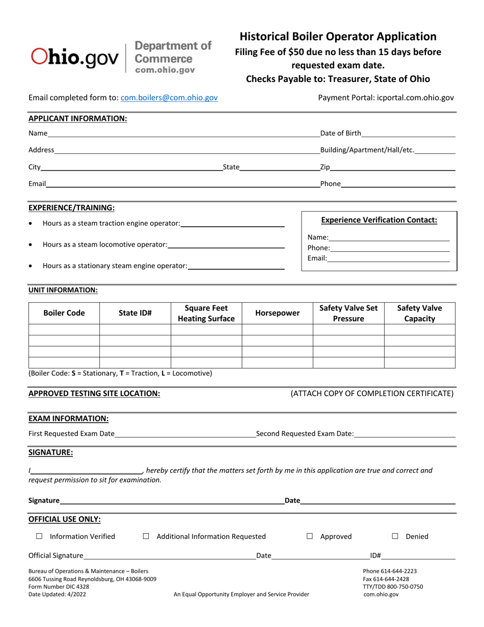 Form DIC4328 Historical Boiler Operator Application - Ohio, Page 1