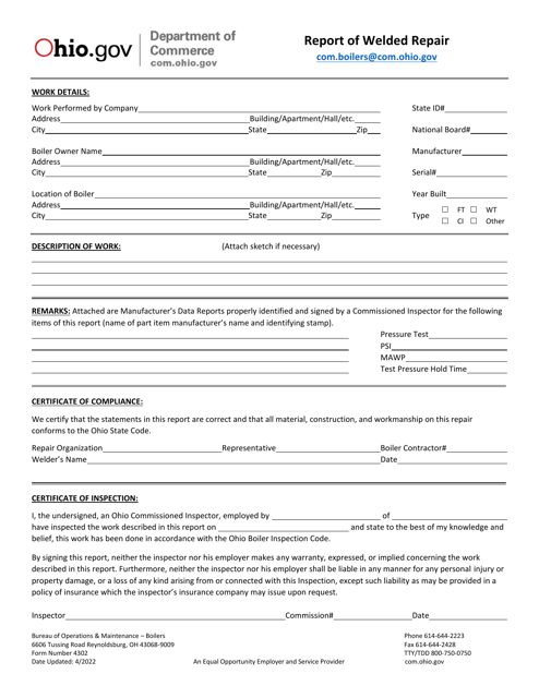 Form DIC4302 Report of Welded Repair - Ohio